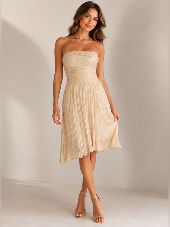 Express Dresses & Skirts - Express Strapless Champagne Pleated Dress Size 4 Metallic Shimmer Cocktail Party